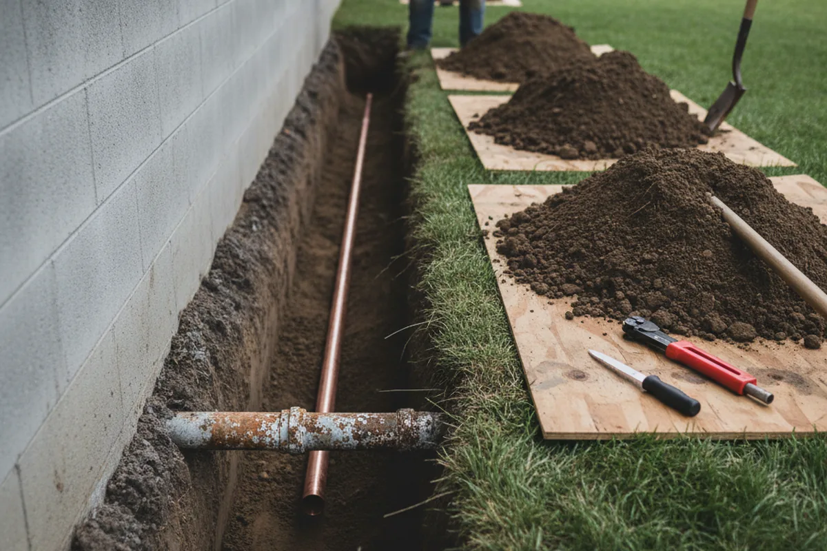 Excavated water line trench during Sewer Line Repair in Birmingham